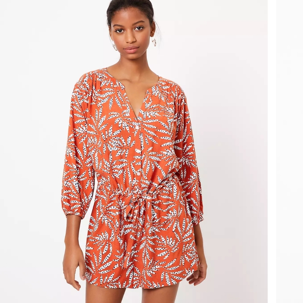 LOFT Orange Leaf Print Romper Small Vacay Travel Summer Resort